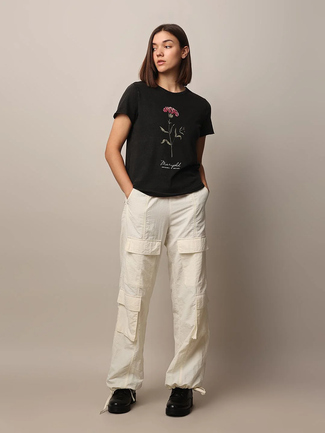 Black Acid Washed Printed Cotton T-Shirt - Image 2