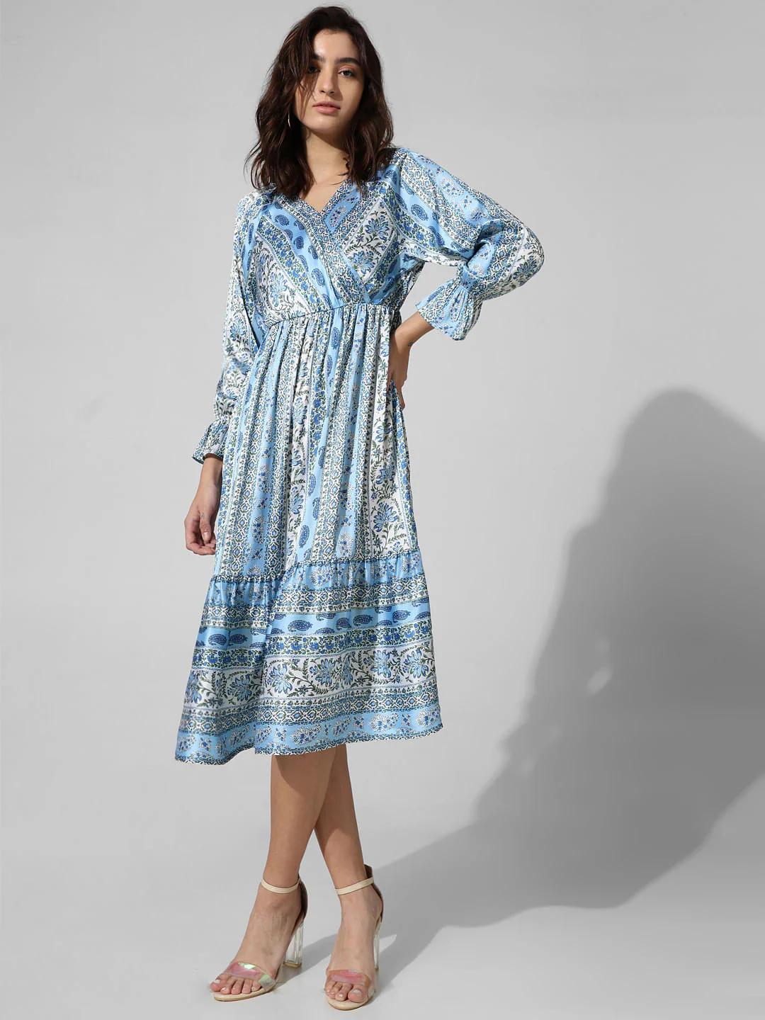 Blue Printed Satin Wrap Dress