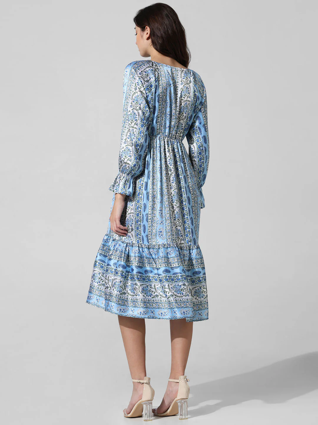 Blue Printed Satin Wrap Dress - Image 5