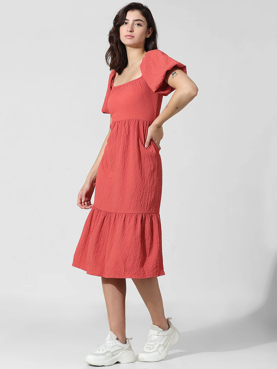 Red Textured Smocked Midi Dress - Image 2