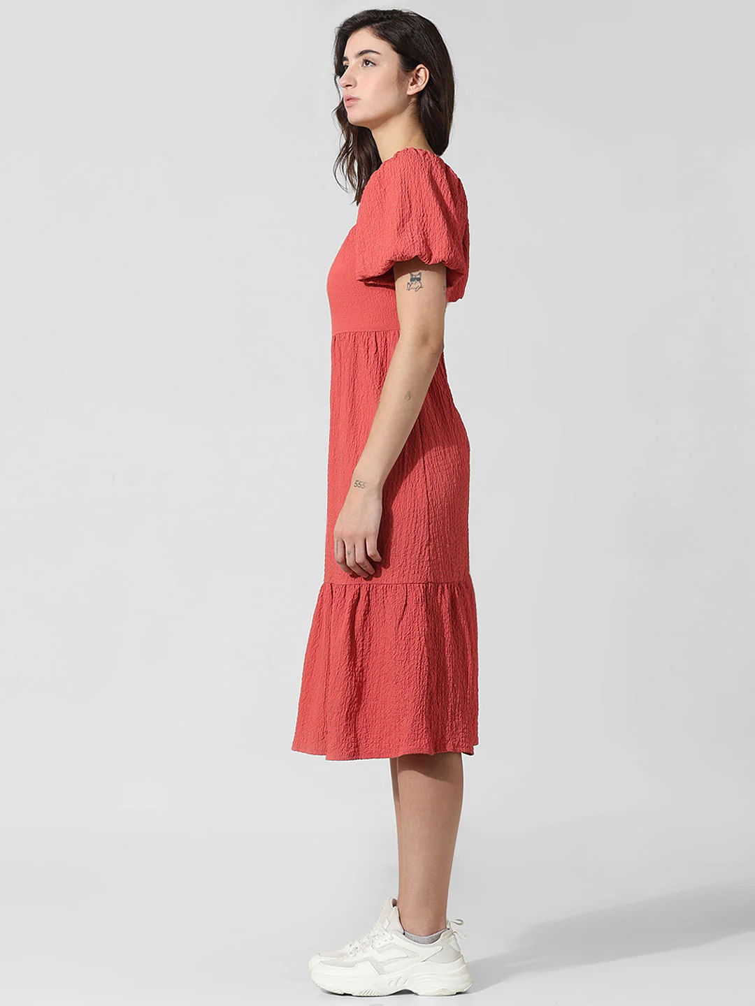 Red Textured Smocked Midi Dress - Image 4