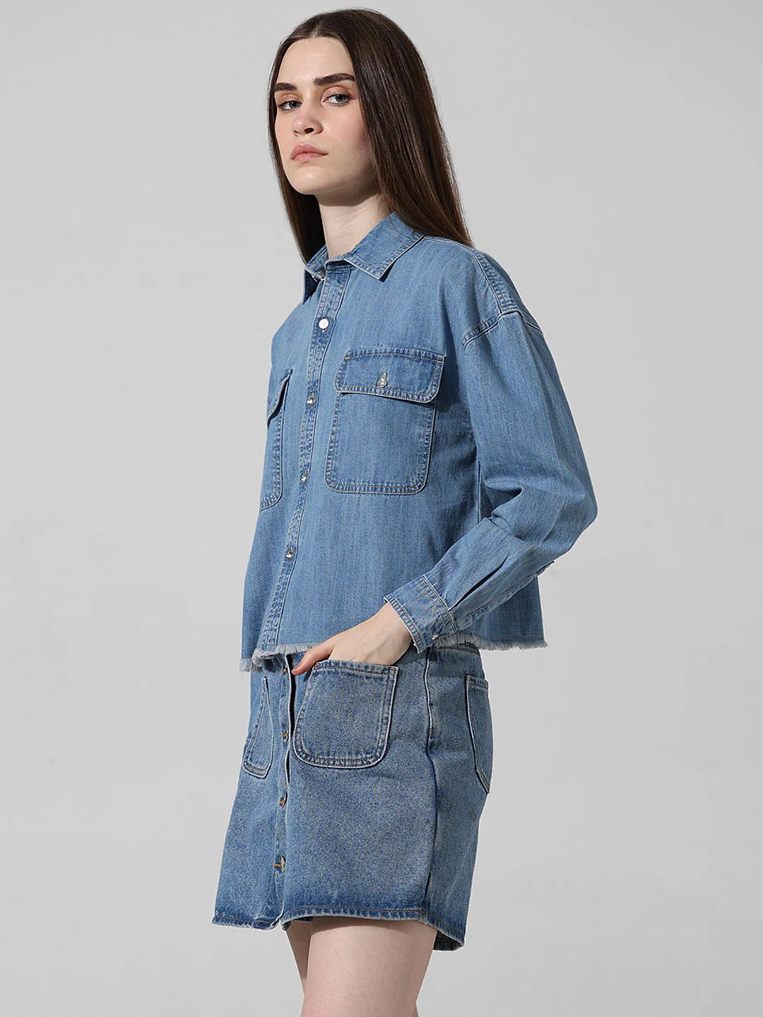 Blue Boxy Fit Cropped Denim Shirt - Image 5