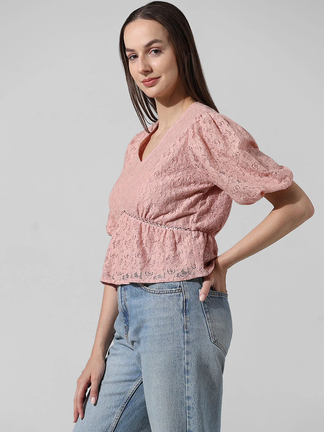 Peach Lace Puff Sleeves Top - Image 5
