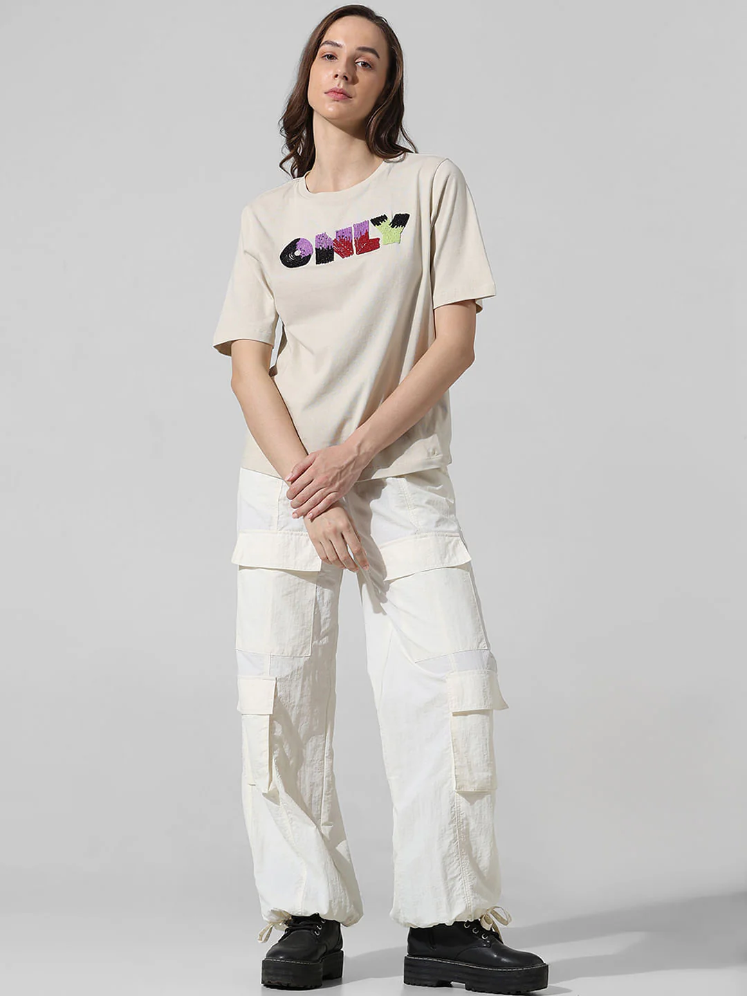 Beige Bead Decorated Cotton T-Shirt - Image 2