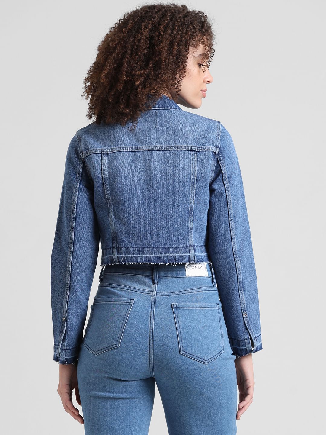 Blue Raw-Edge Cropped Denim Jacket - Image 6
