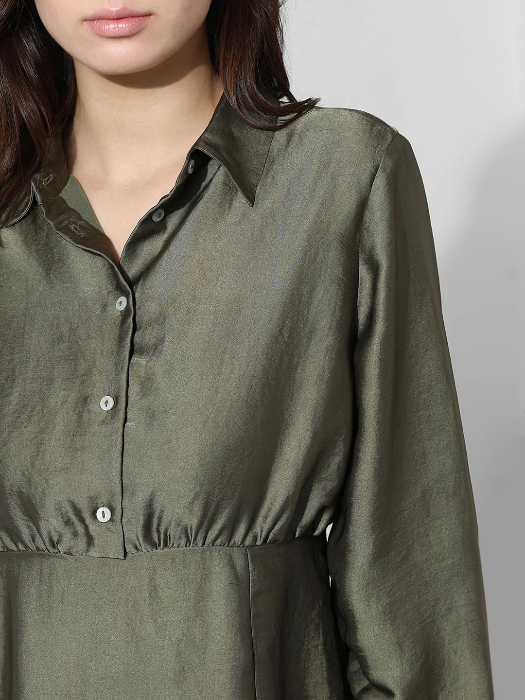 Dark Green Satin Shirt Dress - Image 4