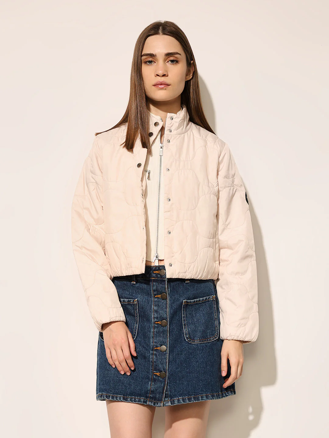 Beige Quilted Cropped Jacket - Image 3