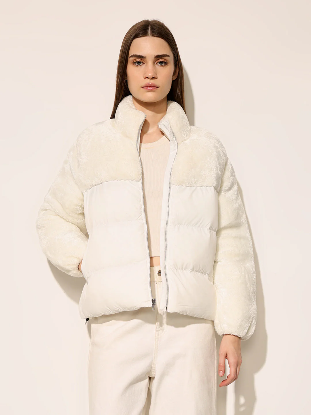 Bright White Puffer Teddy Jacket - Image 3