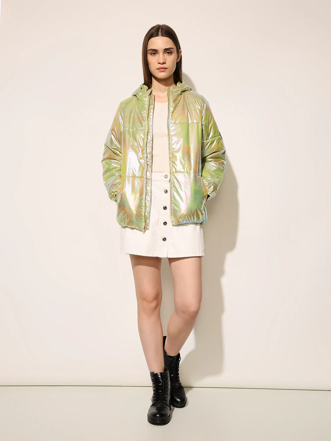 Green Holographic Hooded Puffer Jacket - Image 2