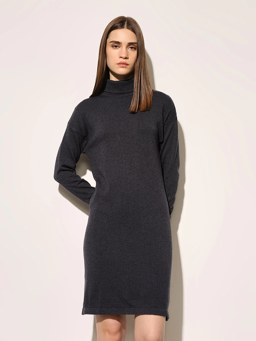 Black Knitted Polo Neck Dress - Image 3