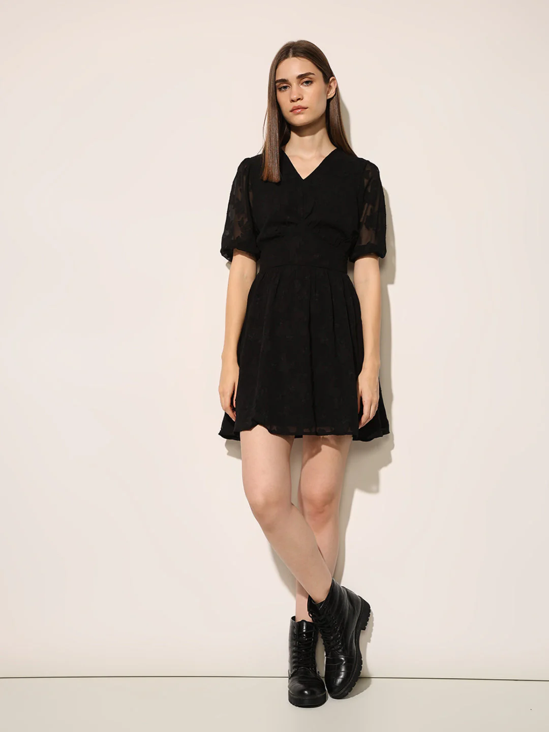 Black Jacquard V-Neck Dress - Image 2