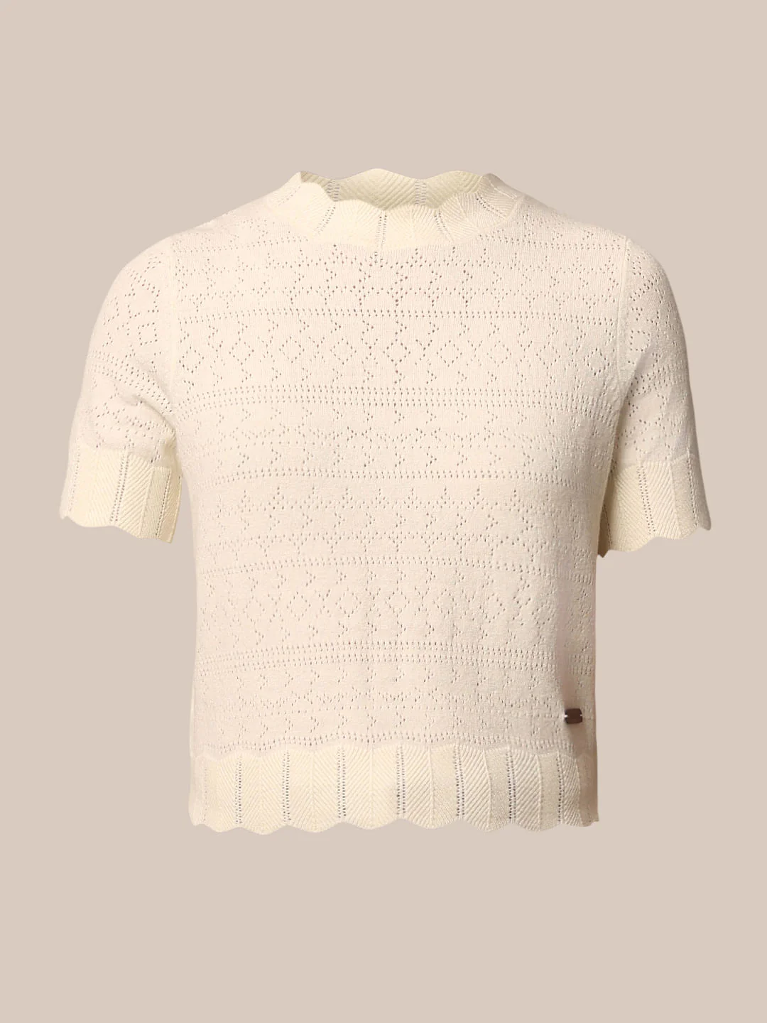 Beige Pointelle Knit Pullover - Image 7