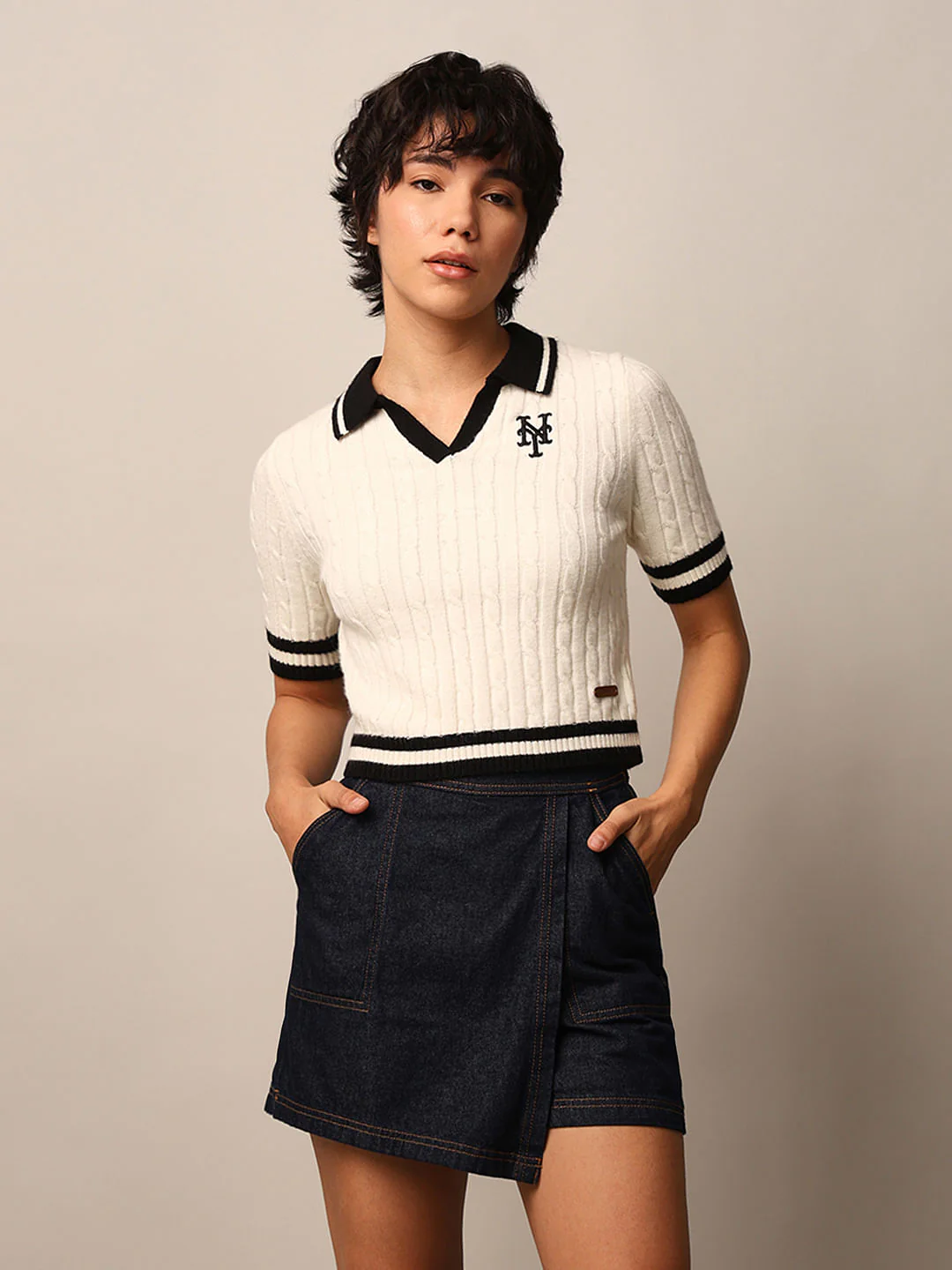 White Ribbed Knit Polo - Image 3