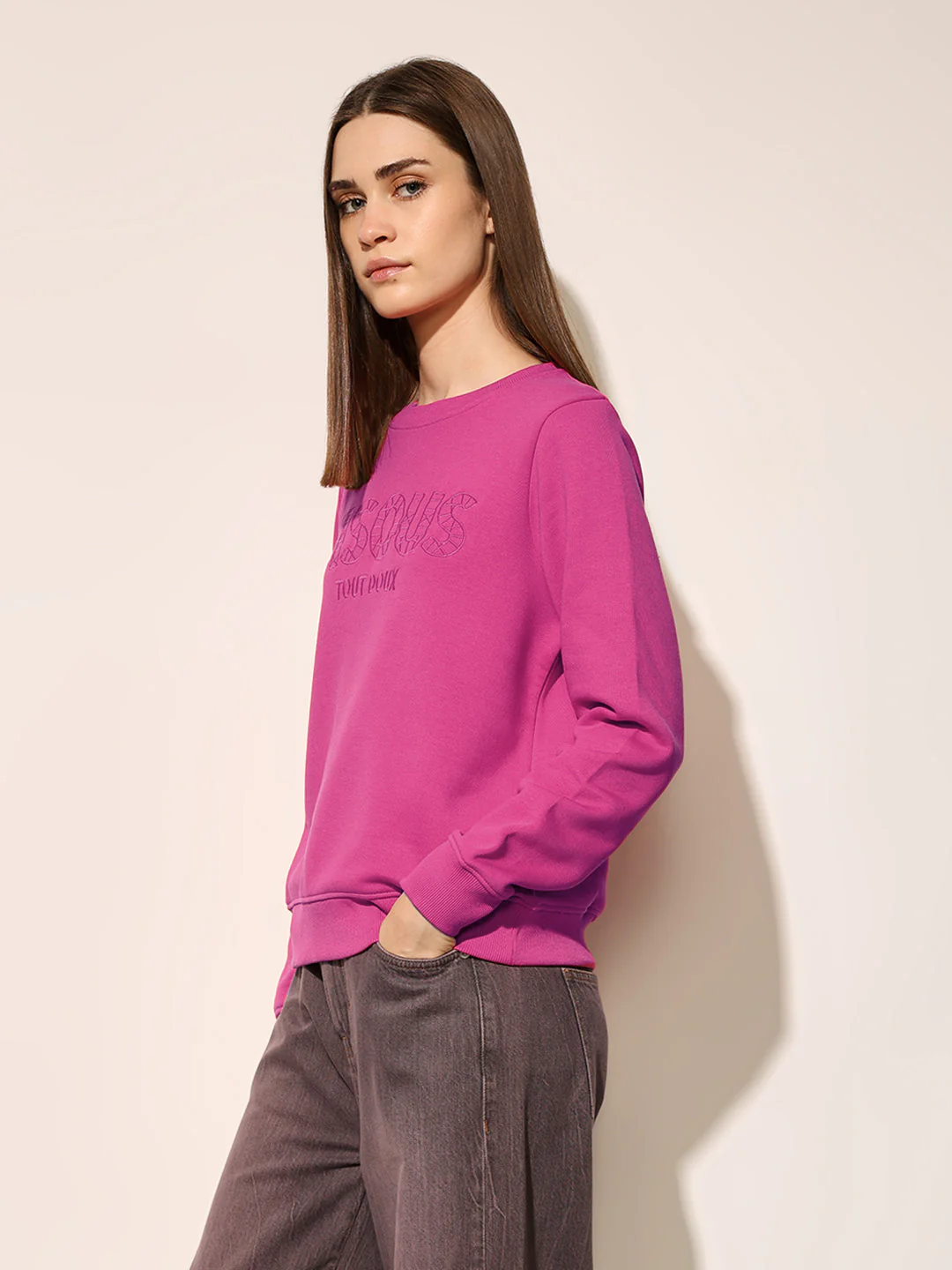 Fuchsia Pink Embroidered Text Sweatshirt - Image 5