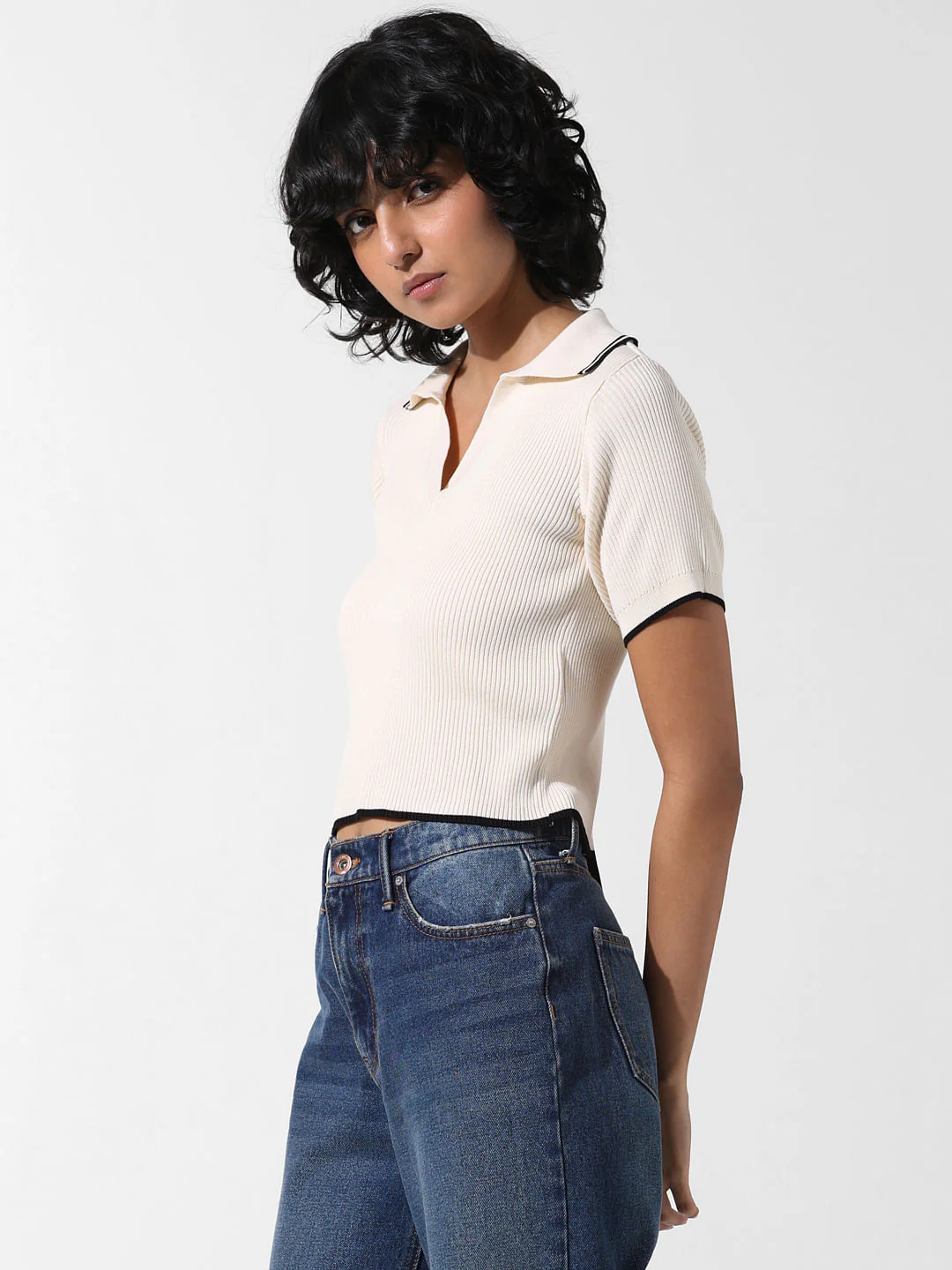 Beige Ribbed Polo T-Shirt - Image 5
