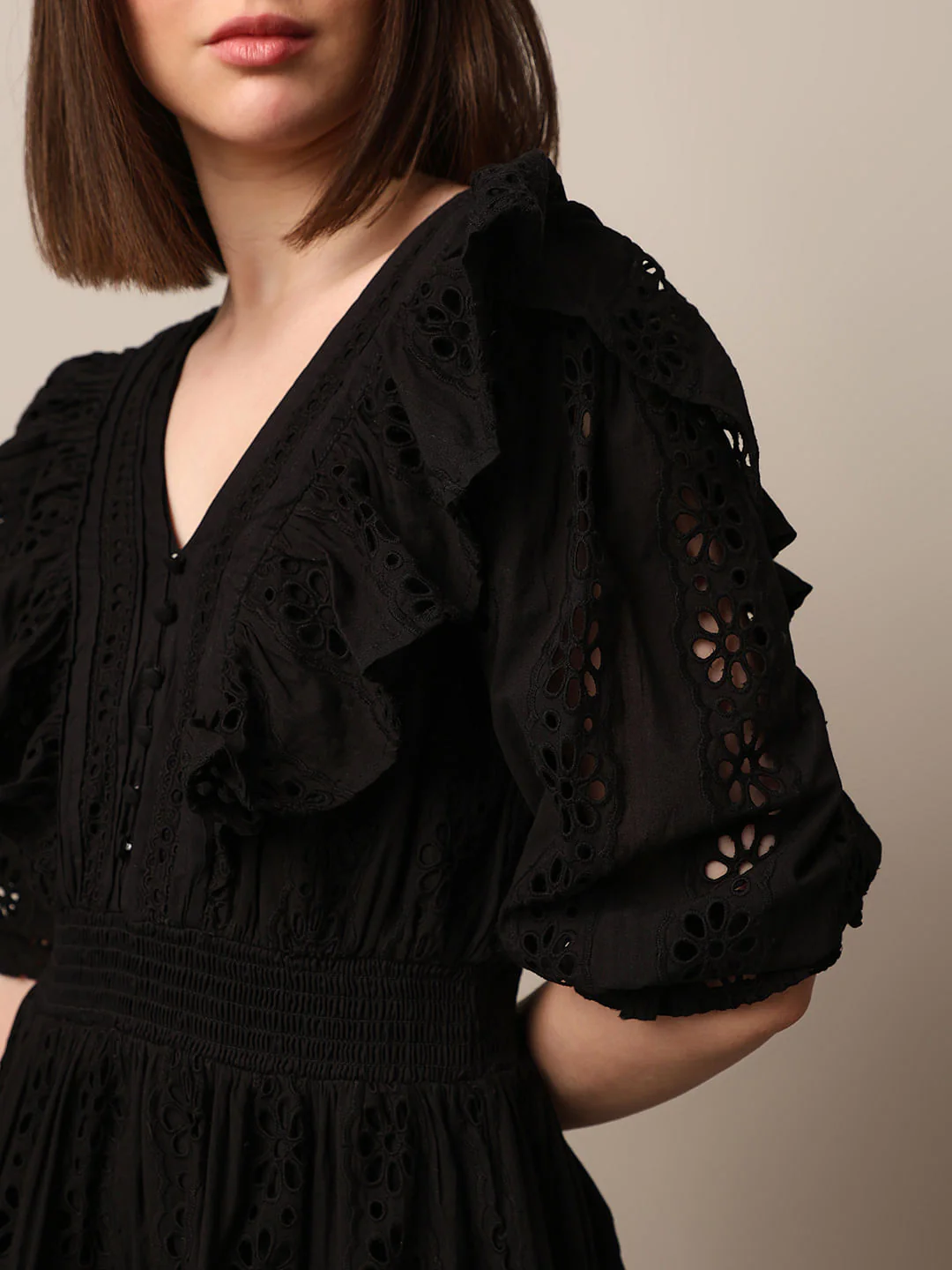 Black Schiffli Flounce Mini Dress - Image 4