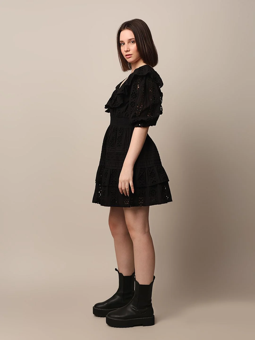 Black Schiffli Flounce Mini Dress - Image 5