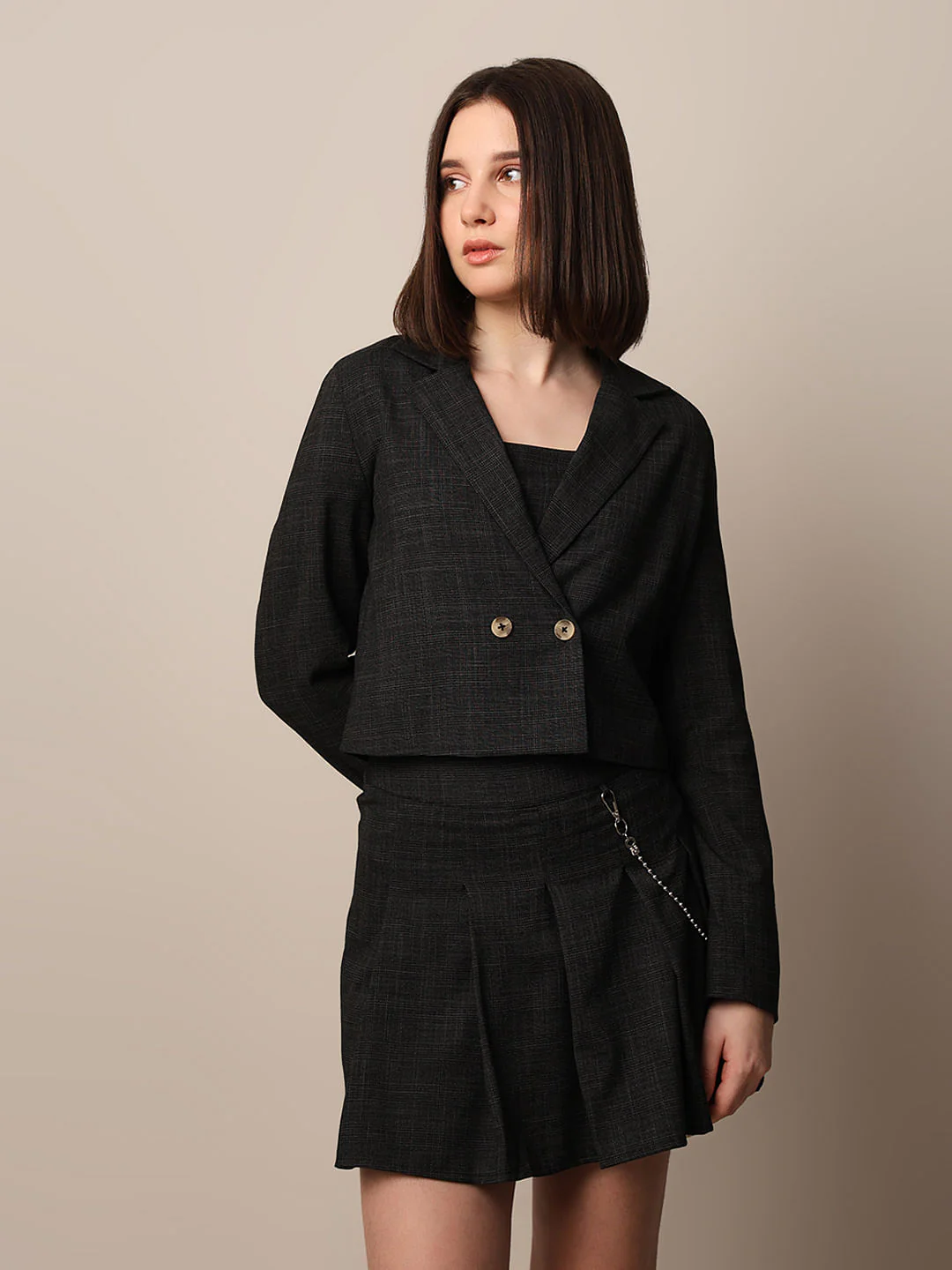 Black Double Breasted Cropped Co-Ord Set Blazer - Image 3