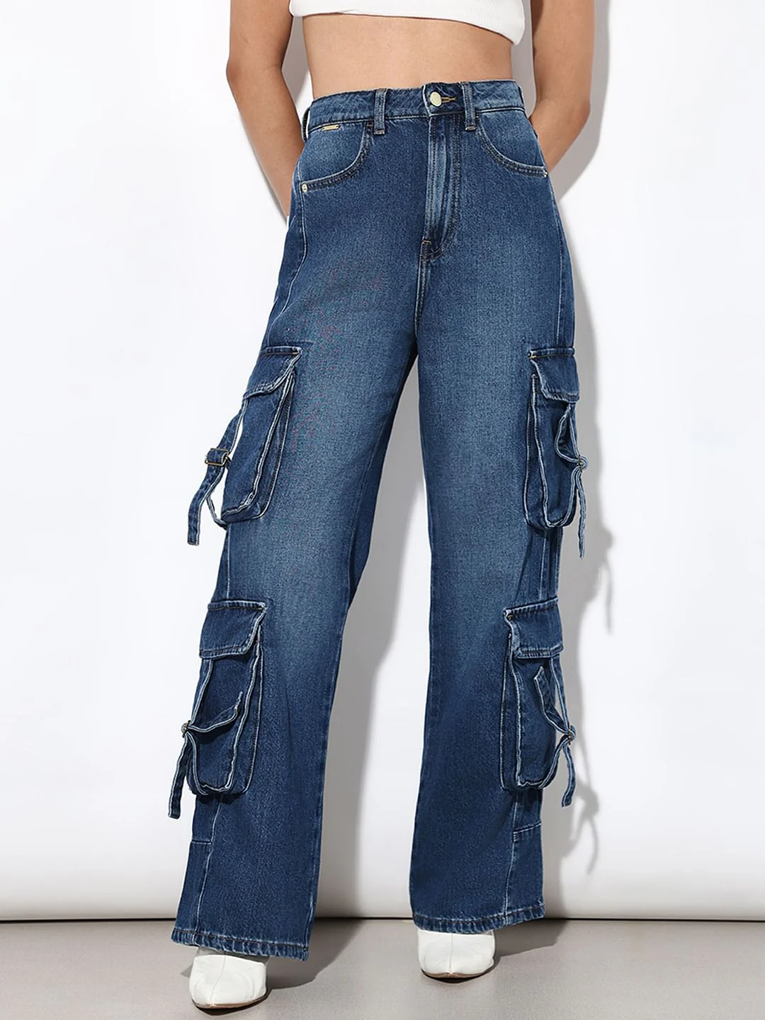 Dark Blue High Rise Cargo Jeans - Image 2
