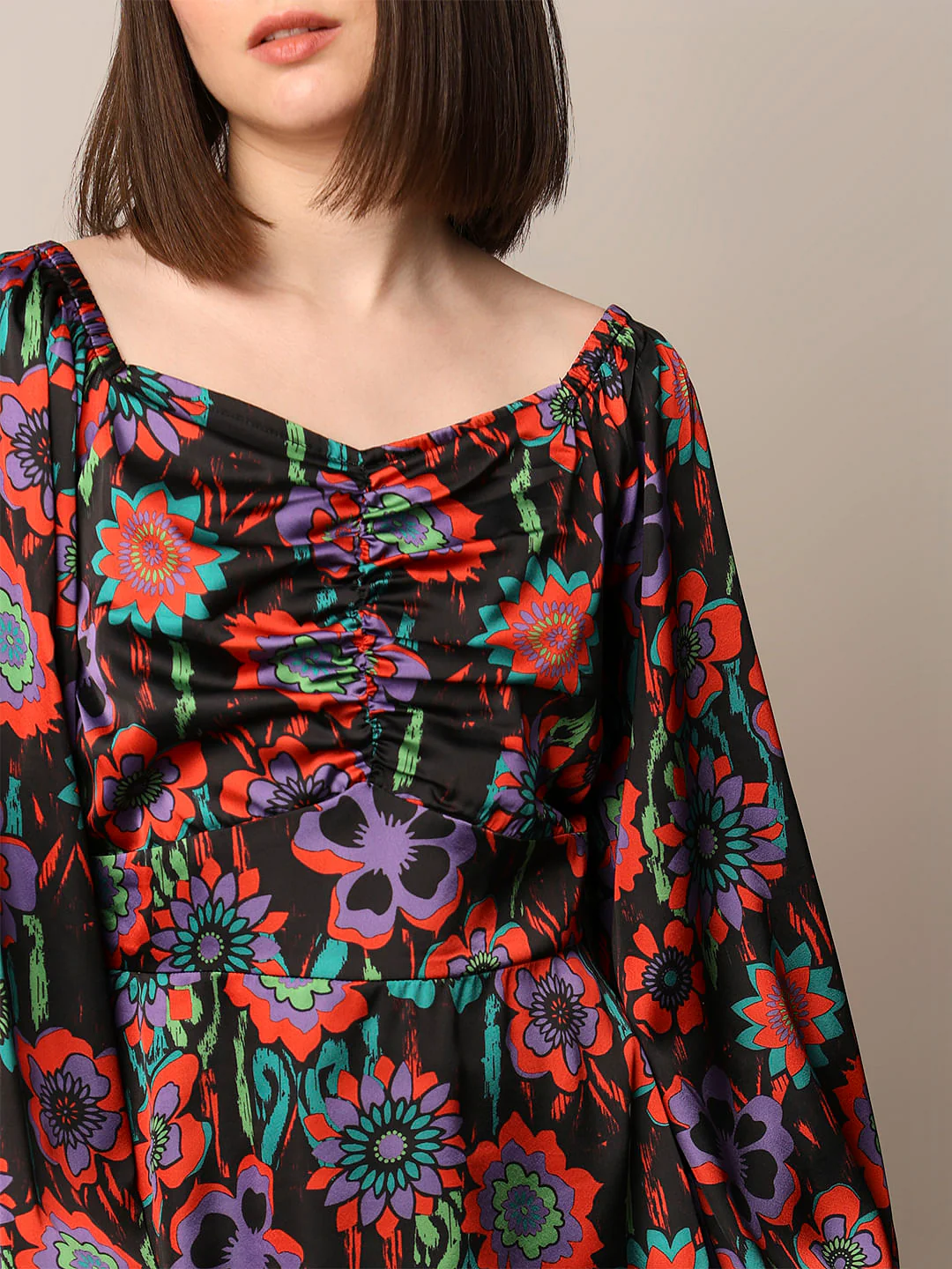 Black Printed Satin Dress - Image 4