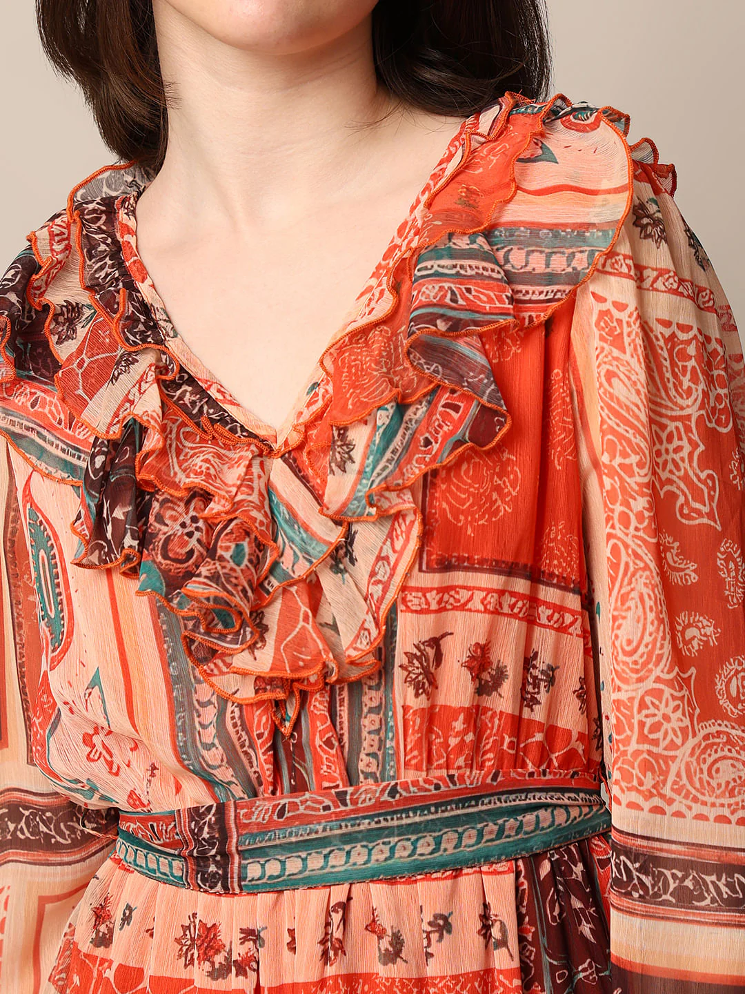 Orange Printed Frill Dress - Image 4