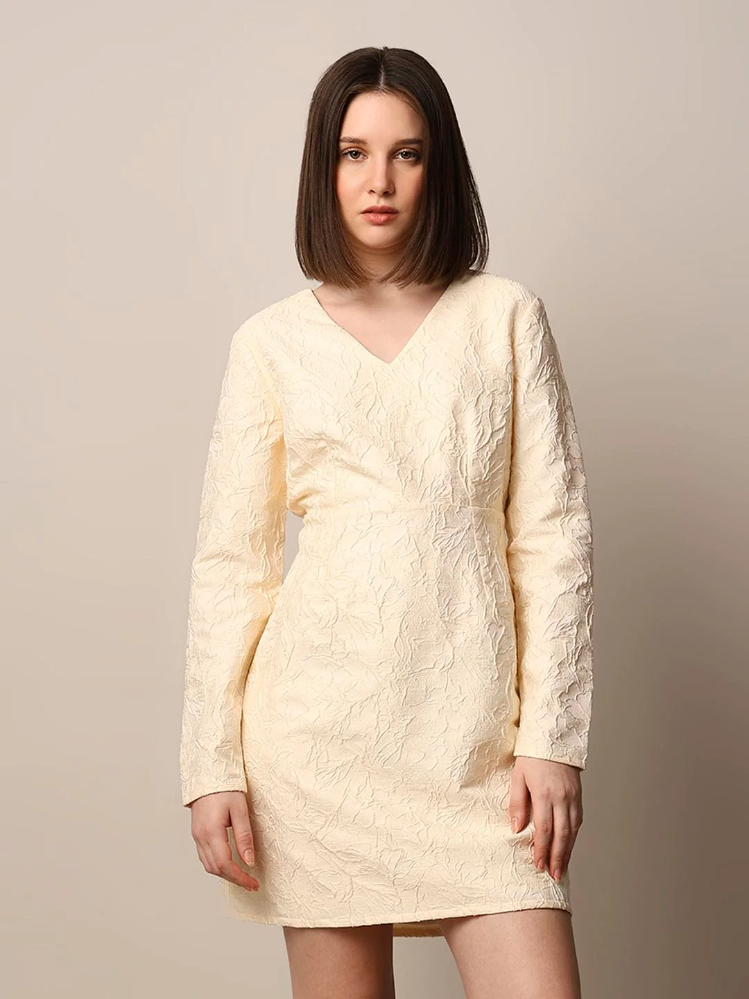 Cream Jacquard V-Neck Dress - Image 3