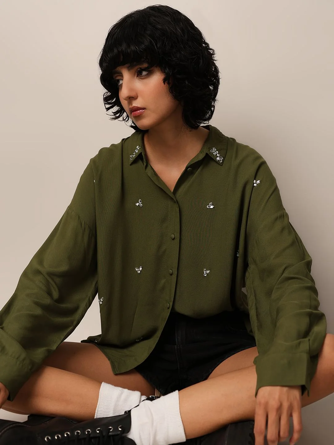 Green Rhinestone Embellished Shirt