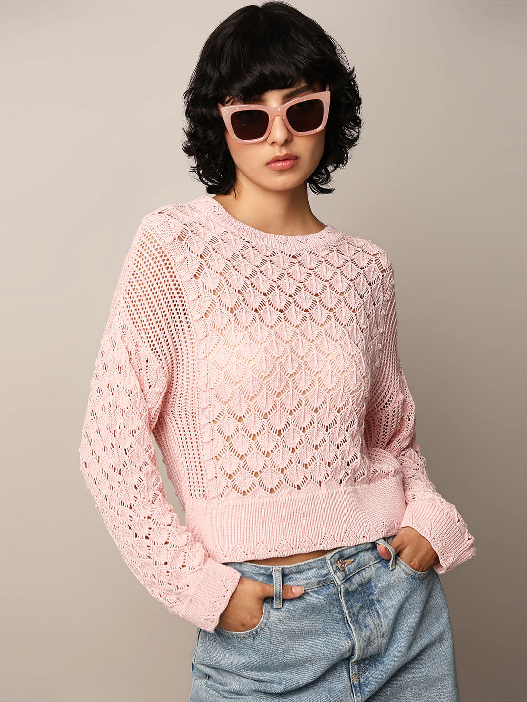Light Pink Pointelle Knit Pullover