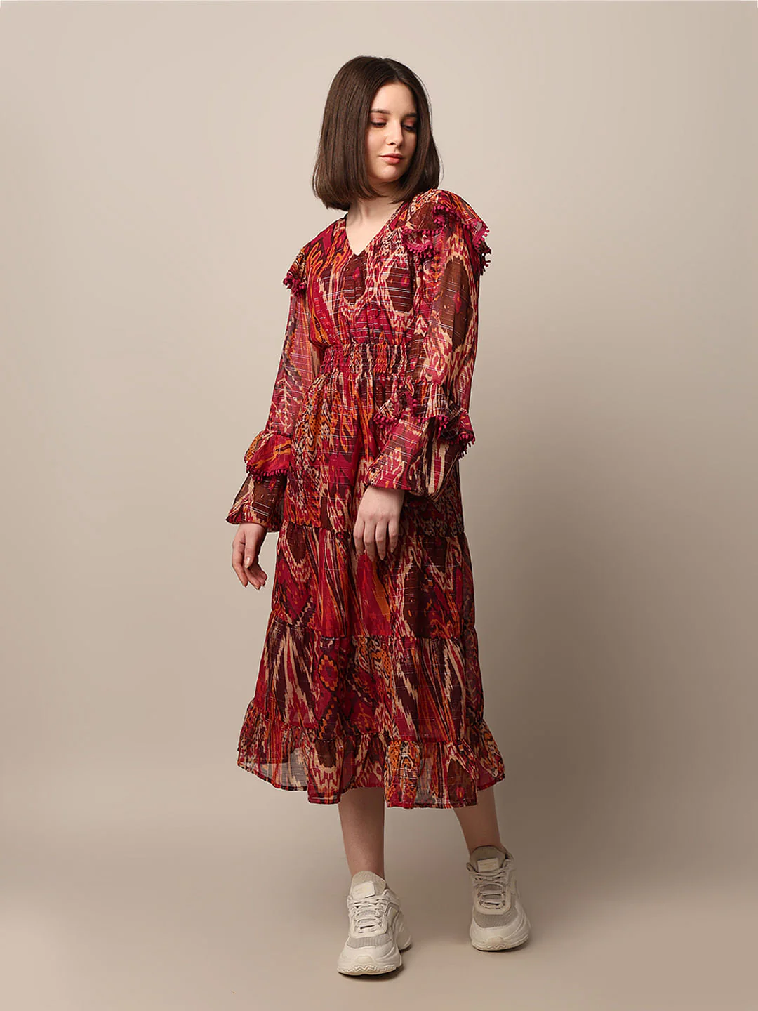 Maroon Printed Midi Dress - Image 4
