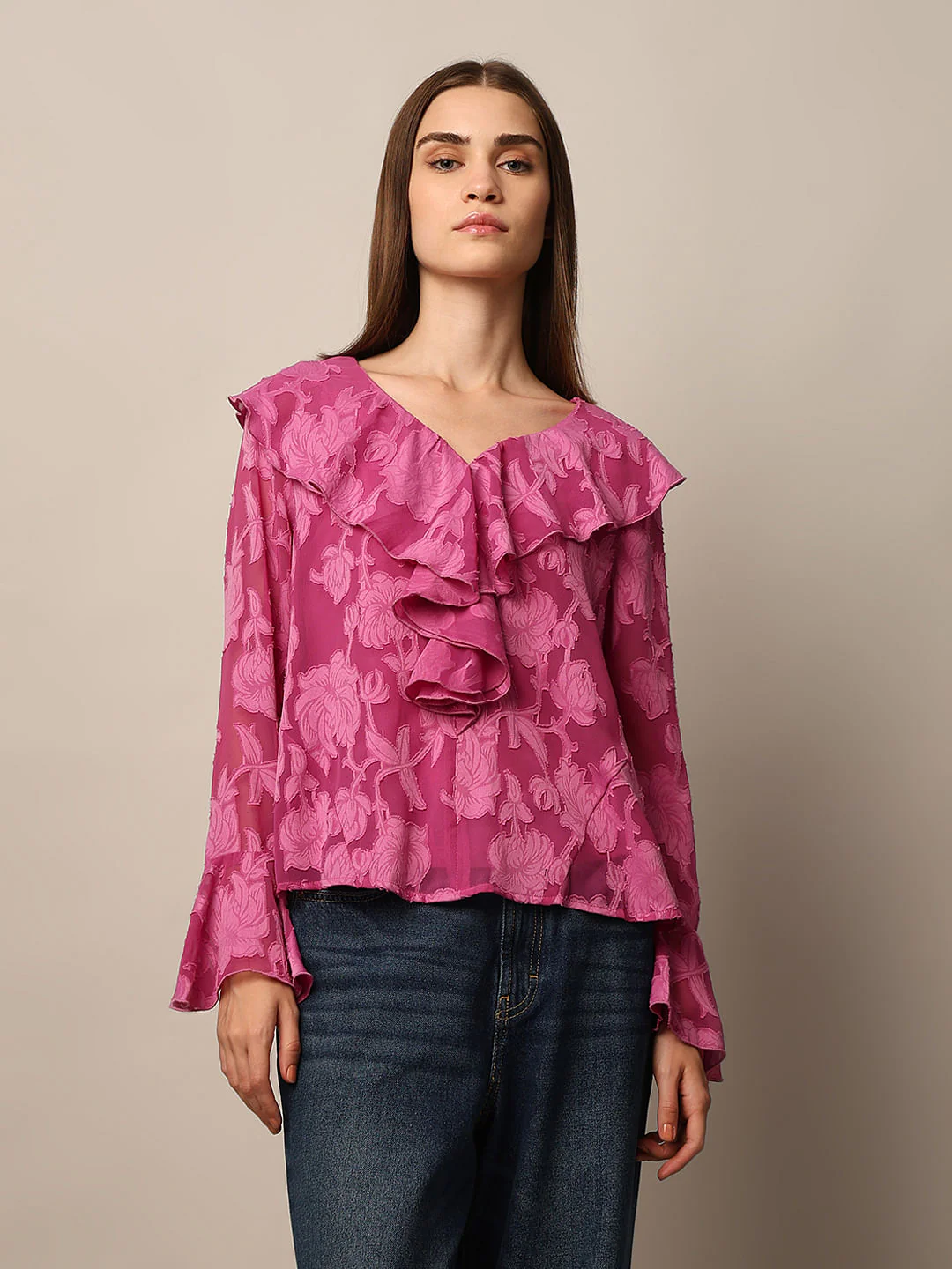 Pink Floral Print Frill Top - Image 3