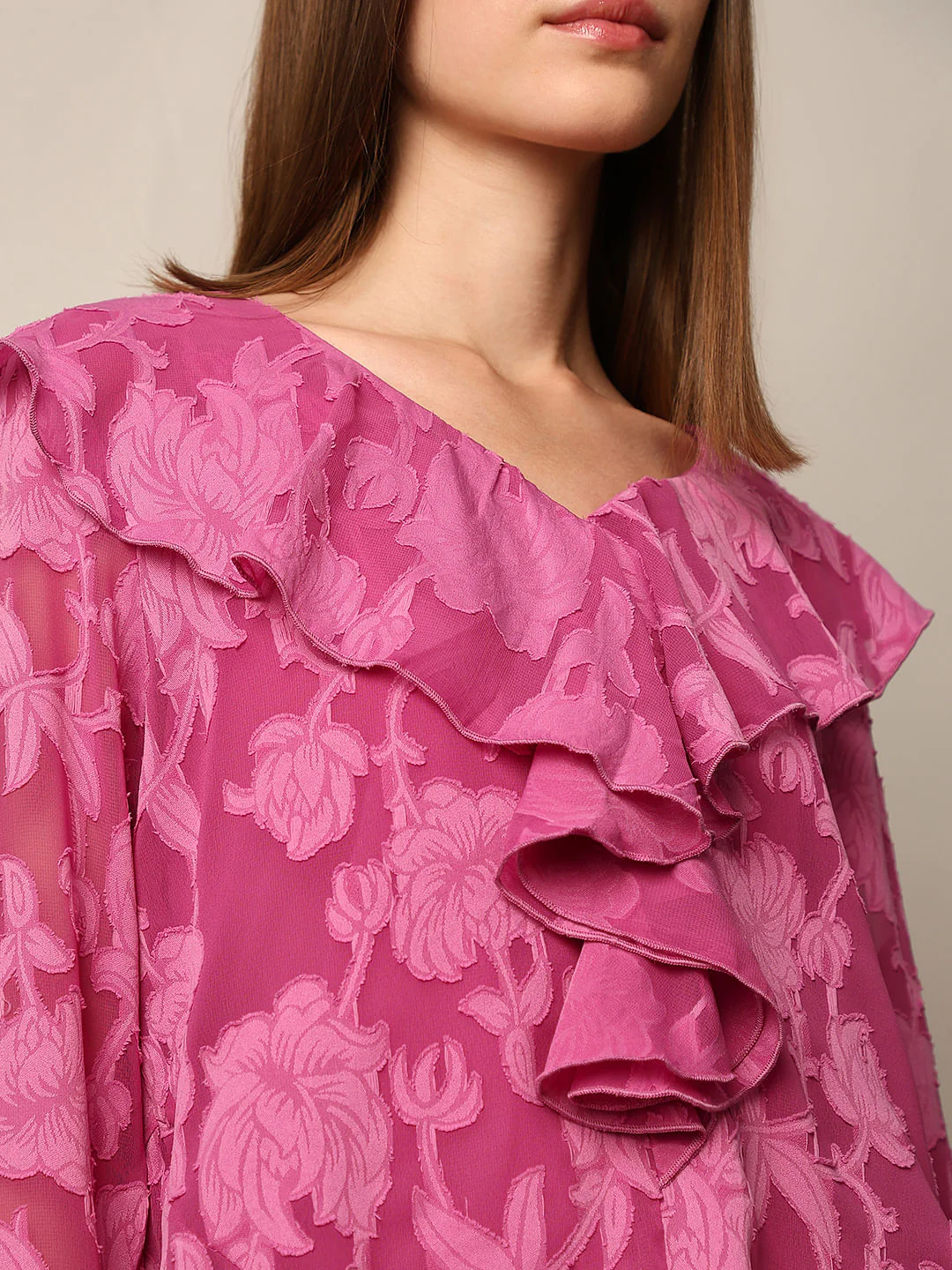 Pink Floral Print Frill Top - Image 4