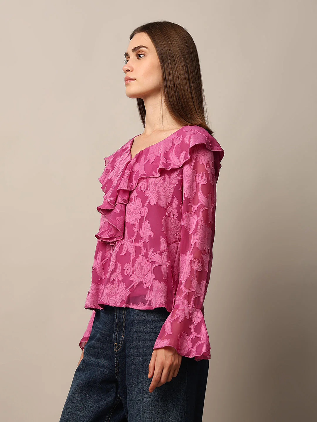 Pink Floral Print Frill Top - Image 5