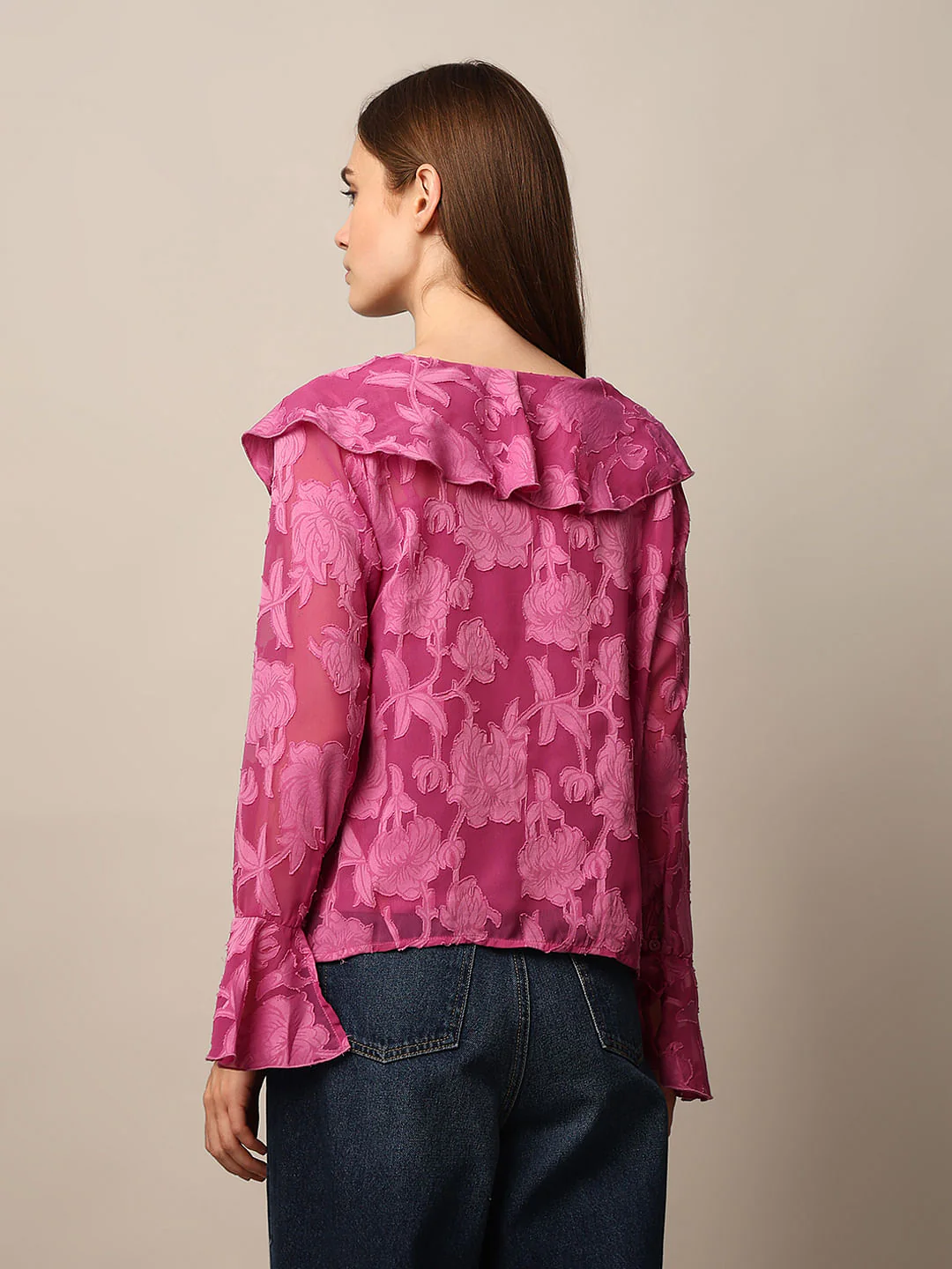 Pink Floral Print Frill Top - Image 6