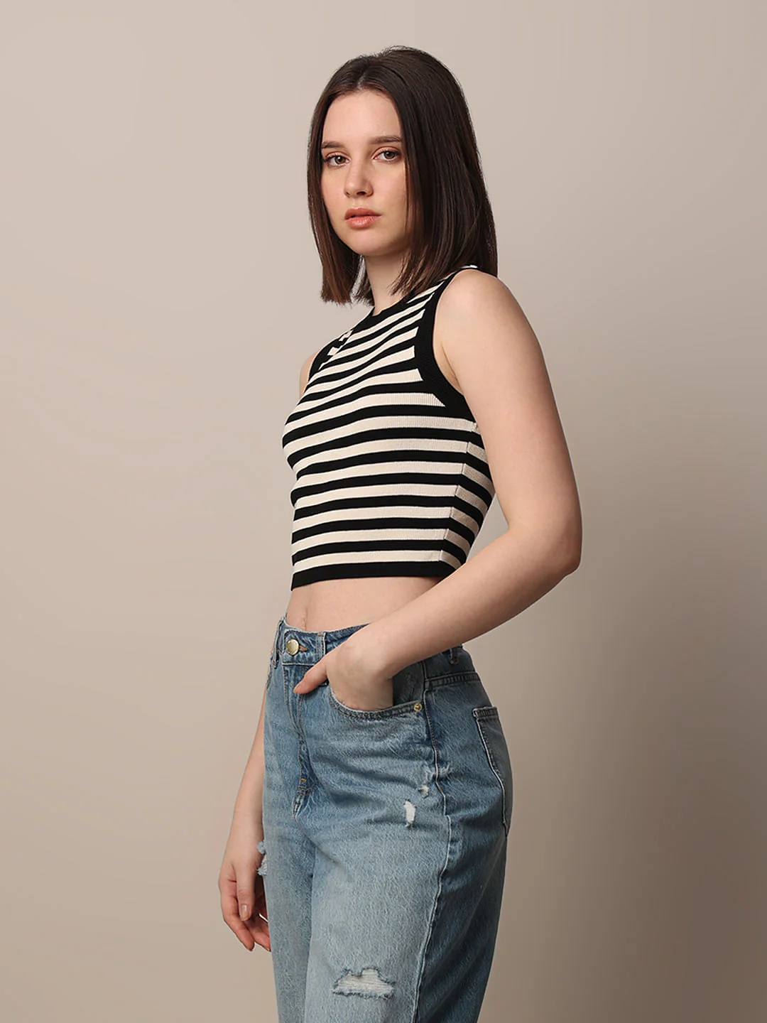 Black Striped Knitted Crop Top - Image 5