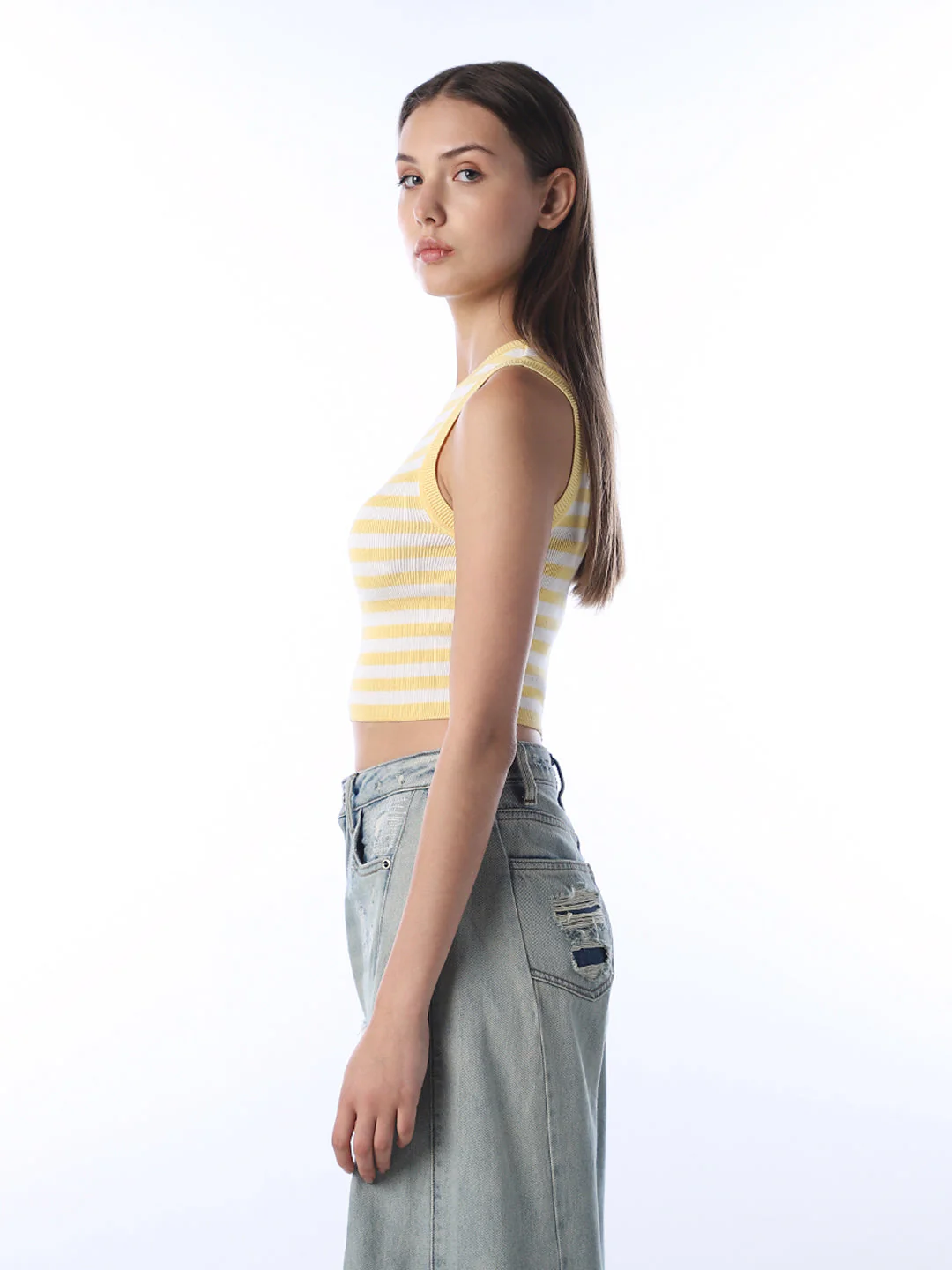 Cropped Striped Ribbed Tank Top - Yellow - Image 5