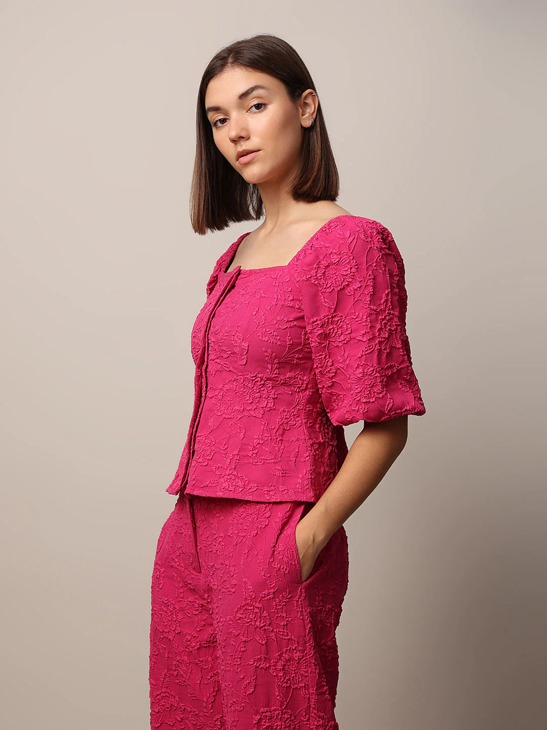 Dark Pink Puff Sleeves Co-Ord Set Top - Image 5