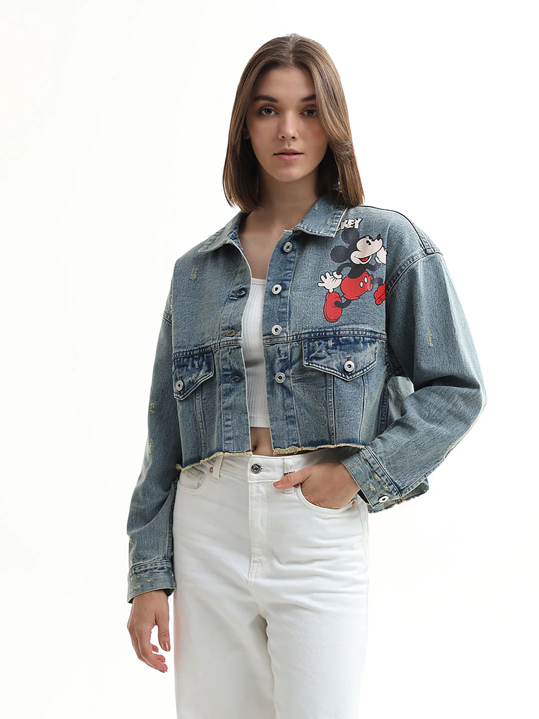 Mickey Blue Printed Vintage Cropped Jacket - Image 3