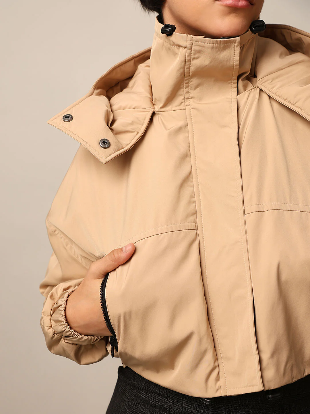 Beige Cropped Hooded Puffer Jacket - Image 4