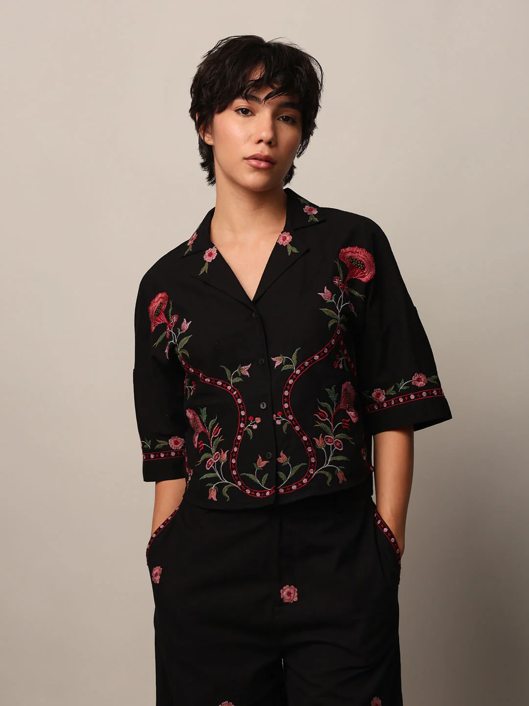 Black Embroidered Co-Ord Set Shirt - Image 3