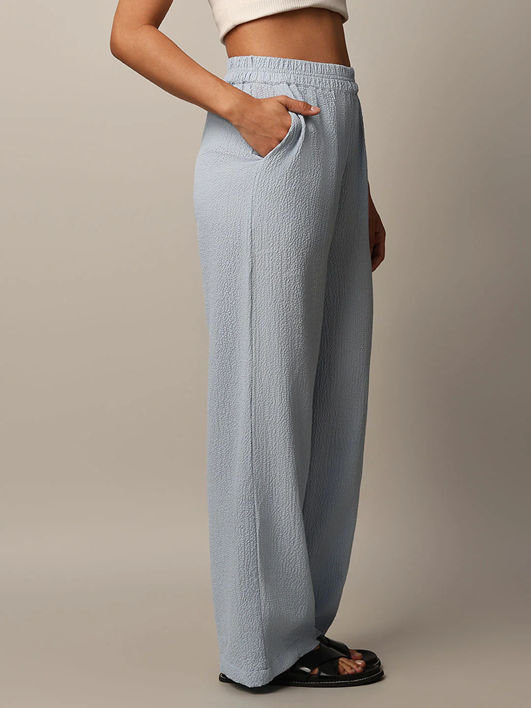 Blue Crinkle Weave Co-Ord Set Pants - Image 4
