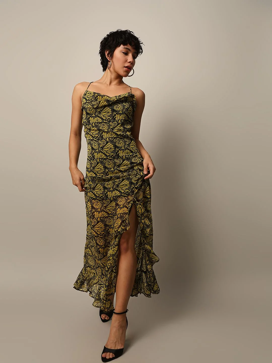 Green Printed Frill Trim Dress