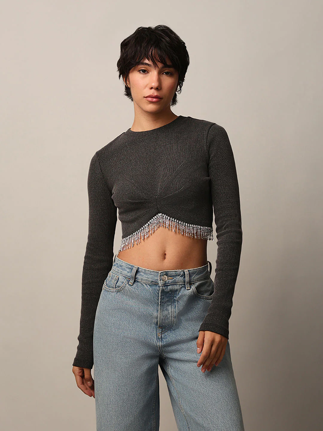 Black Rhinestone Detail Crop Top - Image 3