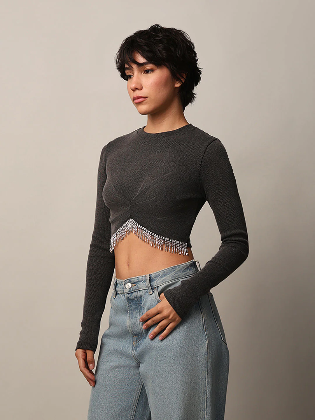 Black Rhinestone Detail Crop Top - Image 5