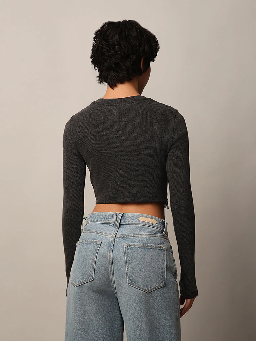 Black Rhinestone Detail Crop Top - Image 6