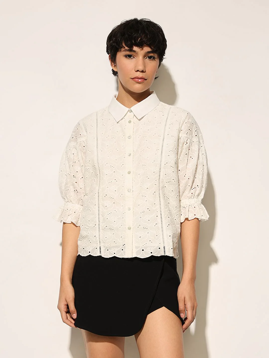 White Schiffli Cotton Shirt - Image 3