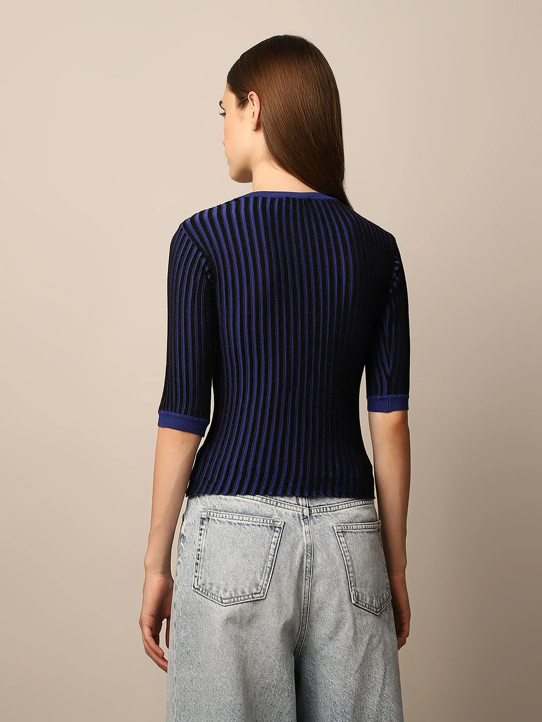 Dark Blue Horizontal Striped Shimmer Top - Image 6