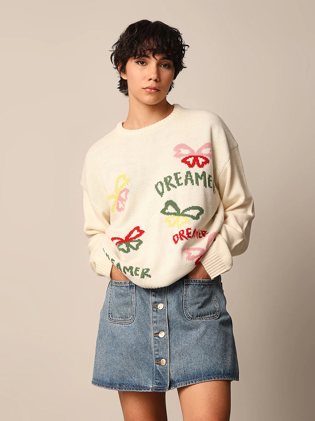 Cream Jacquard Knit Pullover - Image 3