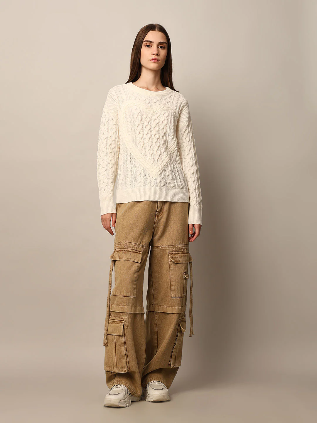 Cream Self-Design Knit Pullover - Image 2