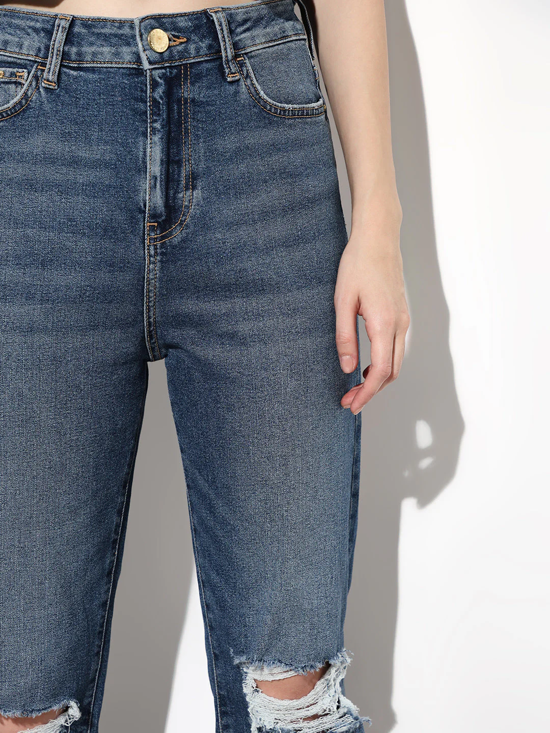 Blue High Rise Distressed Straight Fit Jeans - Image 3