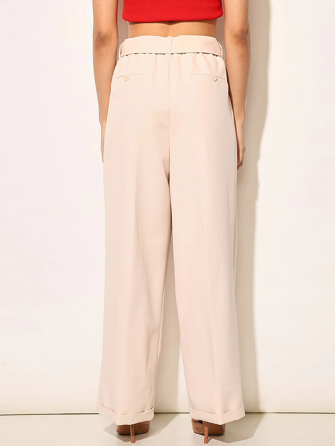 Beige High Rise Belted Pants - Image 5